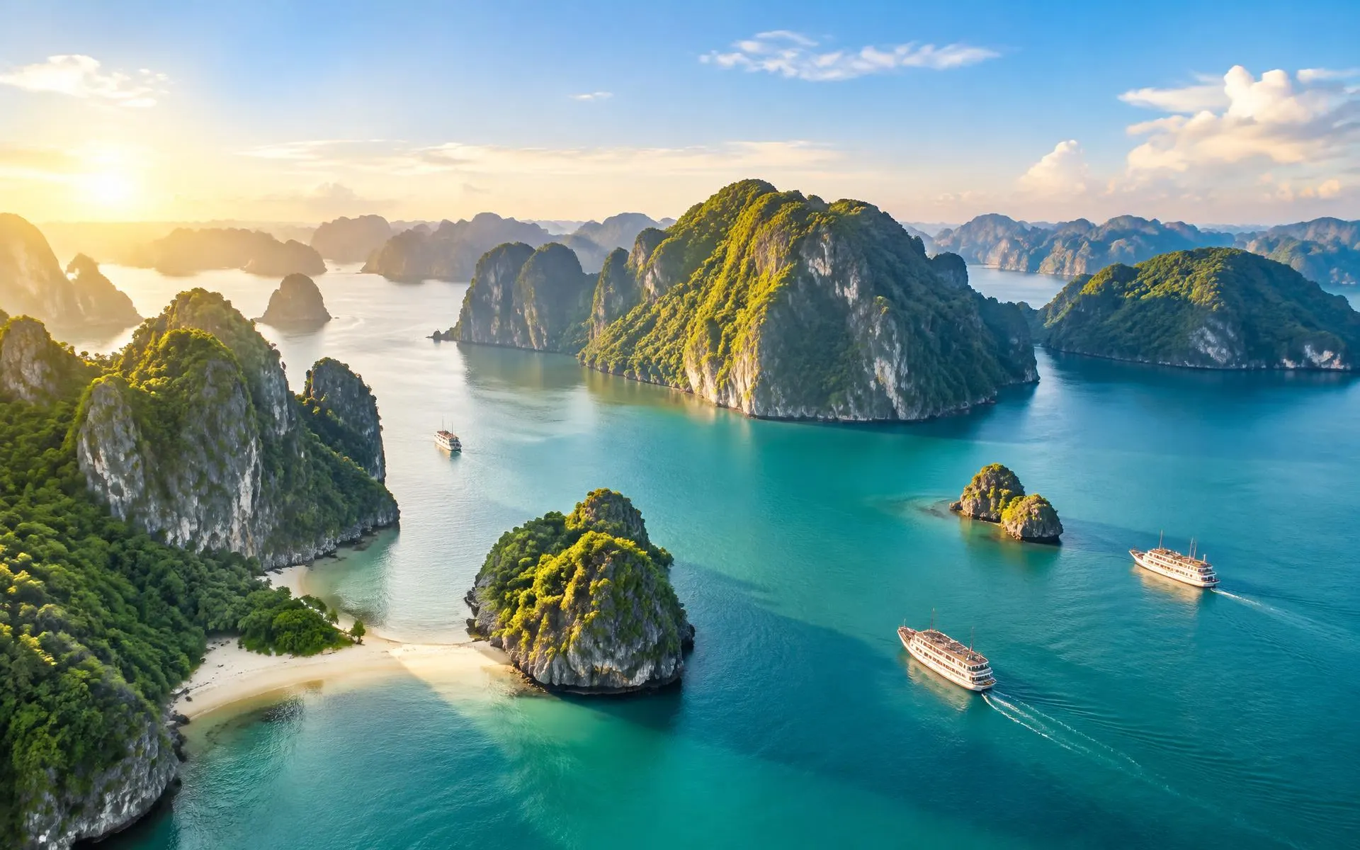 Vịnh biển xanh với những đảo đá vôi lúc bình minh